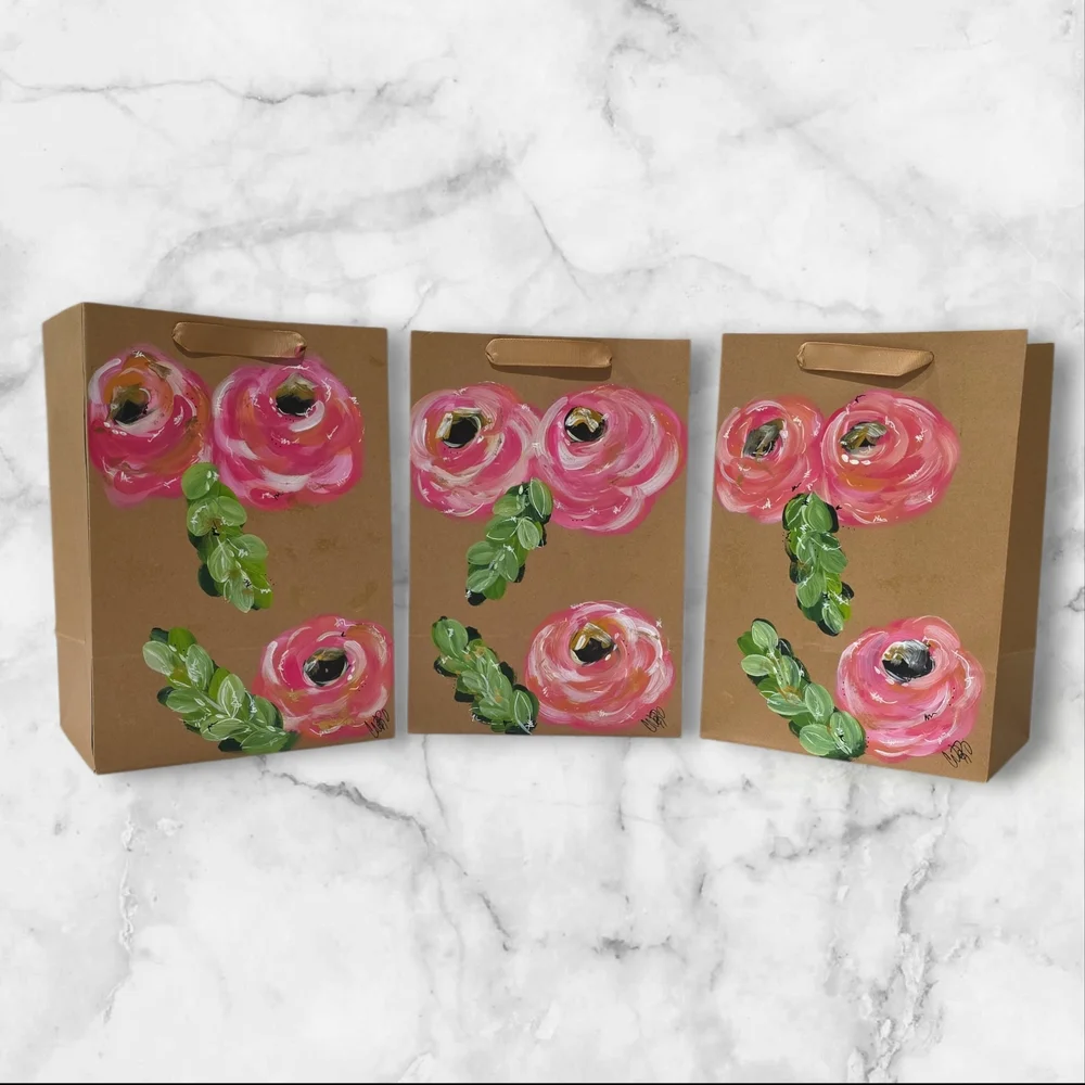 Set Of Three Gift Bags Hand Painted Hand Crafted Pink Floral C64